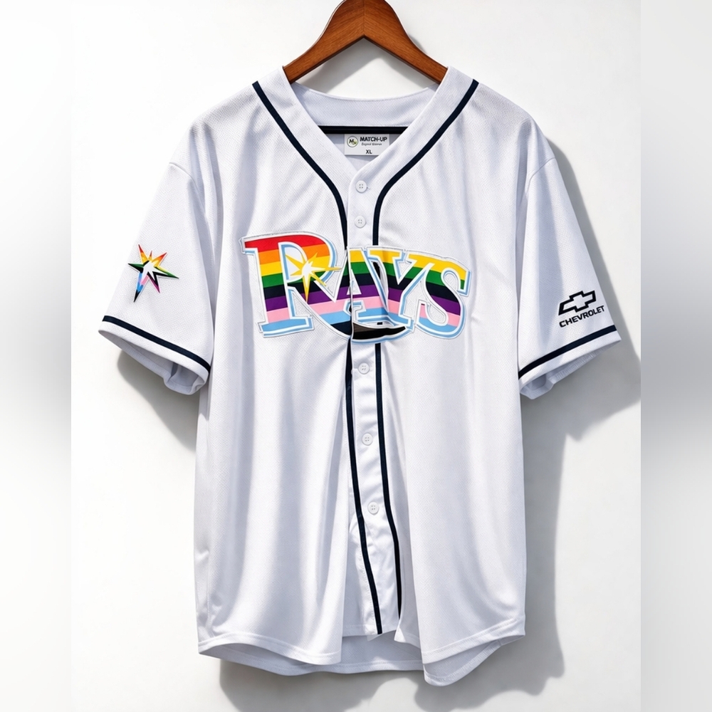 Tampa Bay Rays Pride Jersey XL Rainbow Logo MLB Baseball Shirt White Button Fron